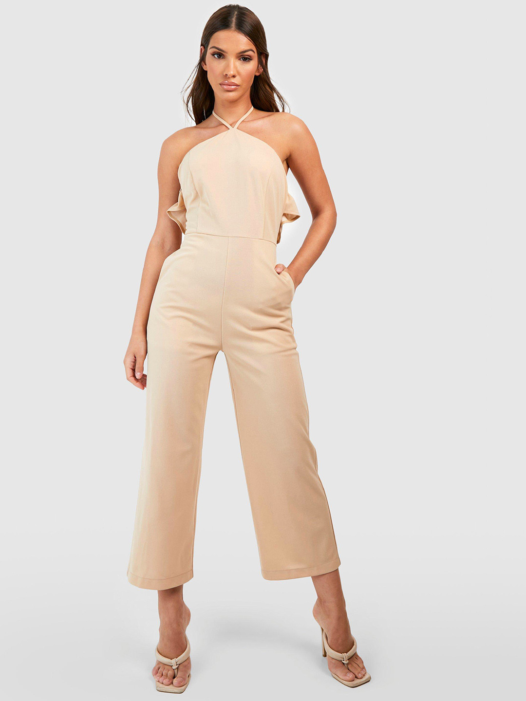 Boohoo Halter Neck Ruffled Jumpsuit