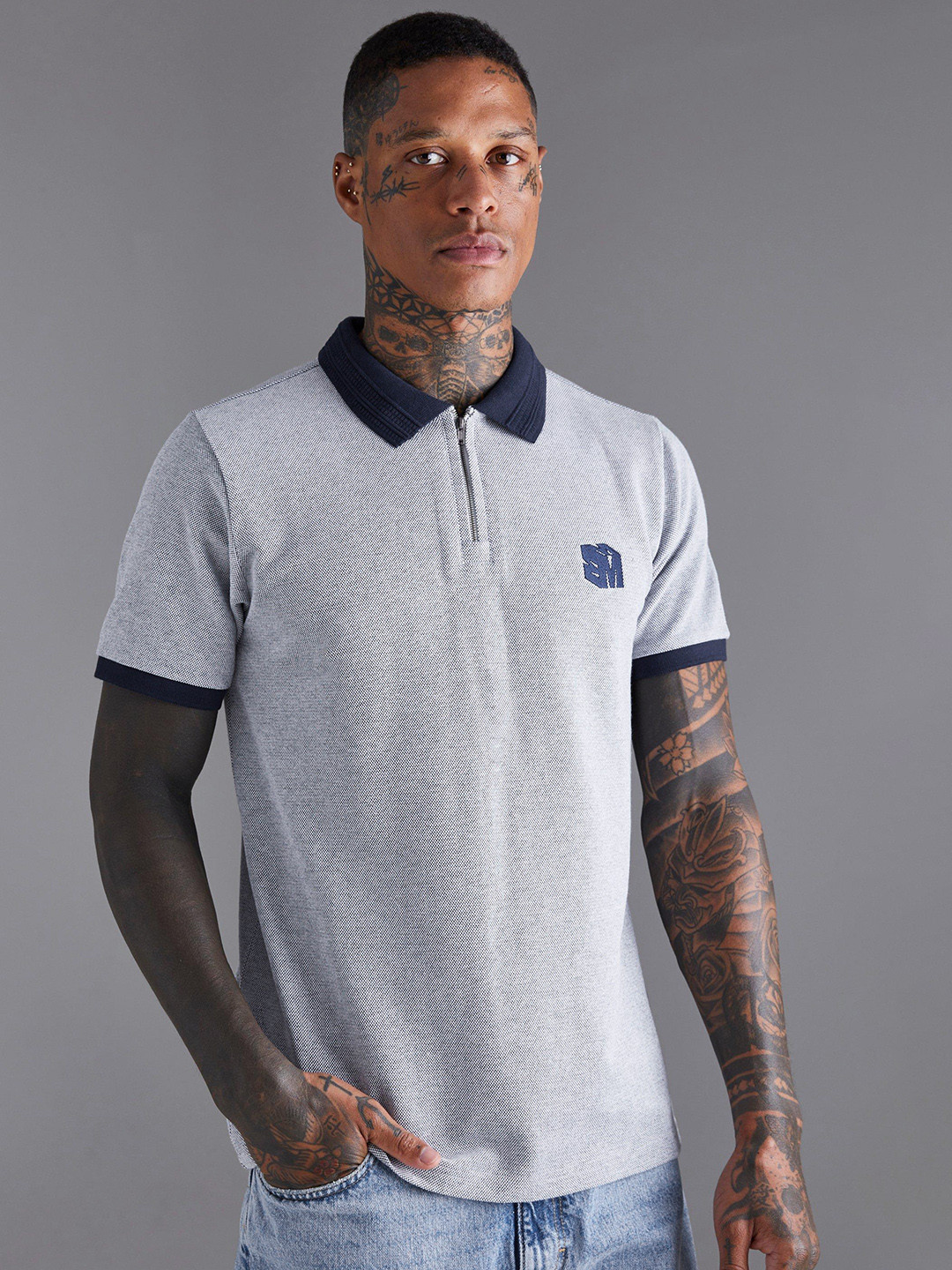 boohooMAN Jacquard Polo Collar Slim Fit T-shirt