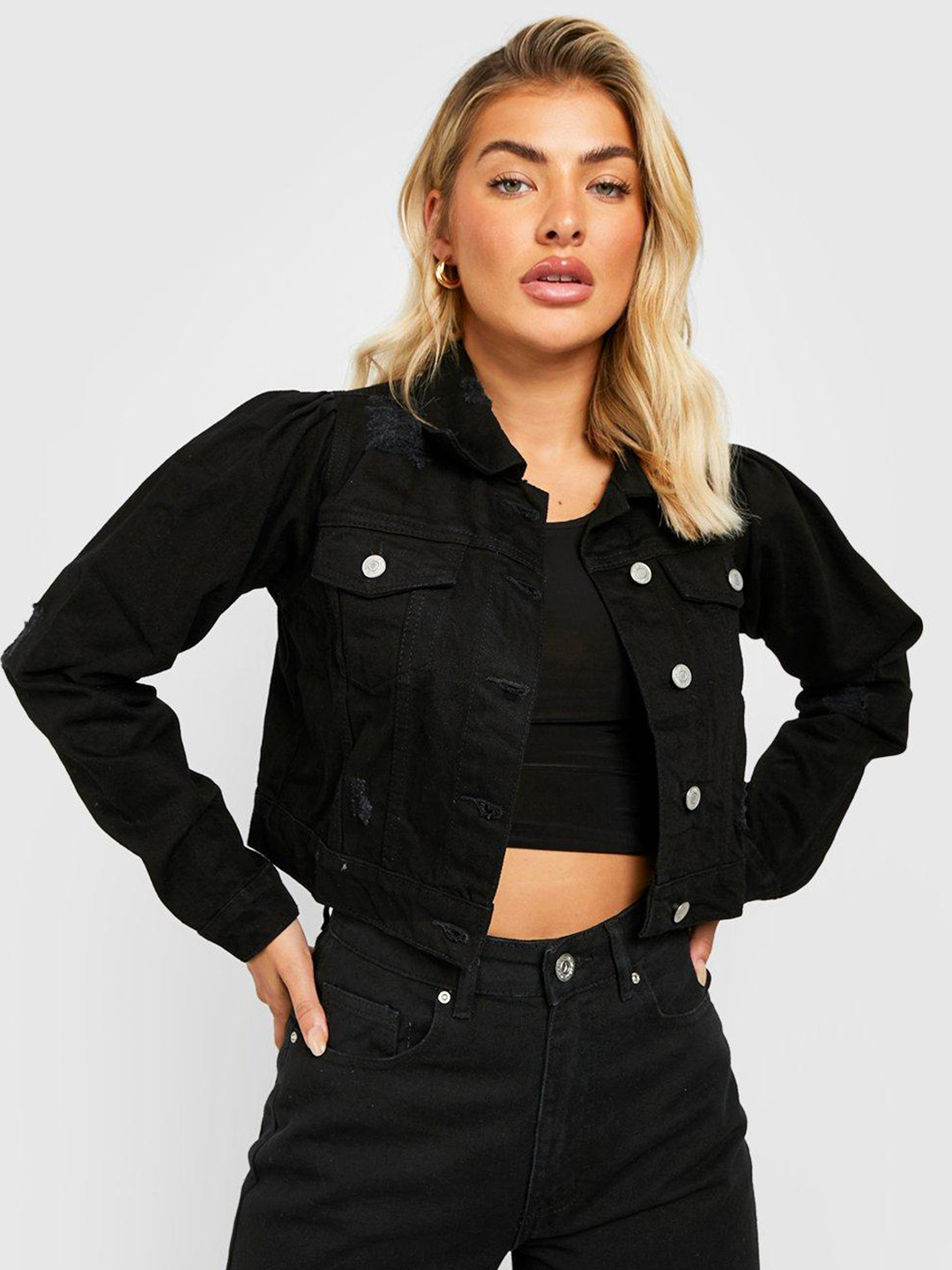 Boohoo Distressed Puff Shoulder Denim Jacket