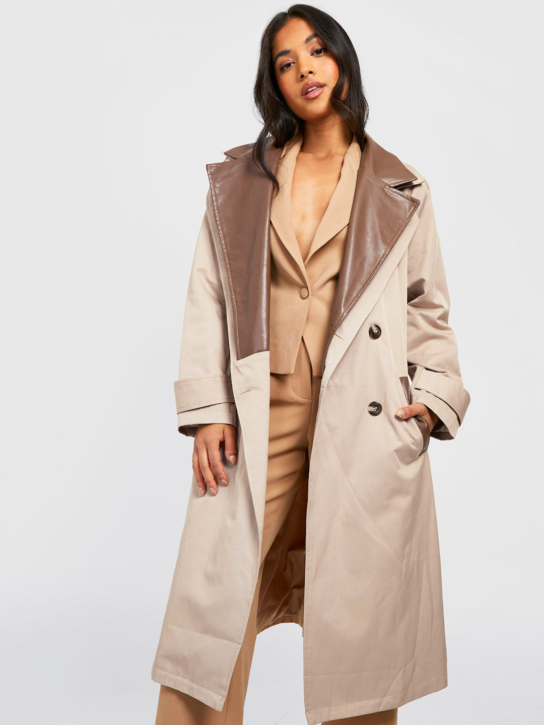 Boohoo Petite Pu Coated Contrast Collar Longline Trench Coat