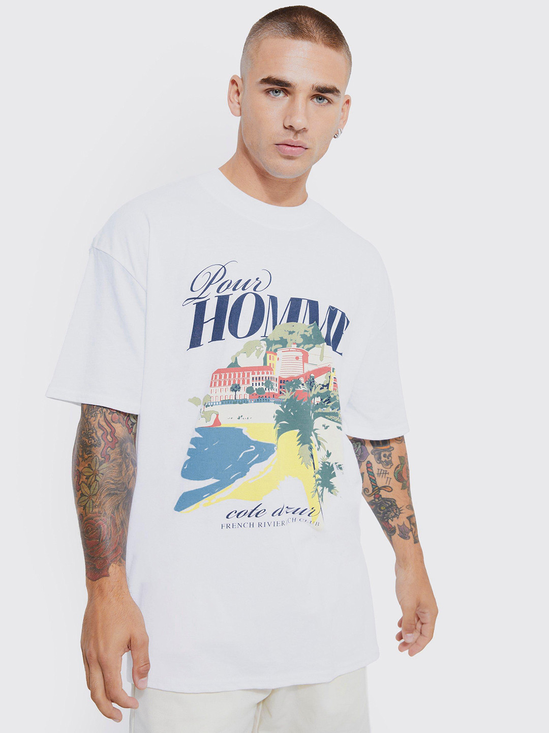 boohooMAN Pour Homme Scenic Printed Drop-Shoulder Sleeves Pure Cotton Oversized T-shirt