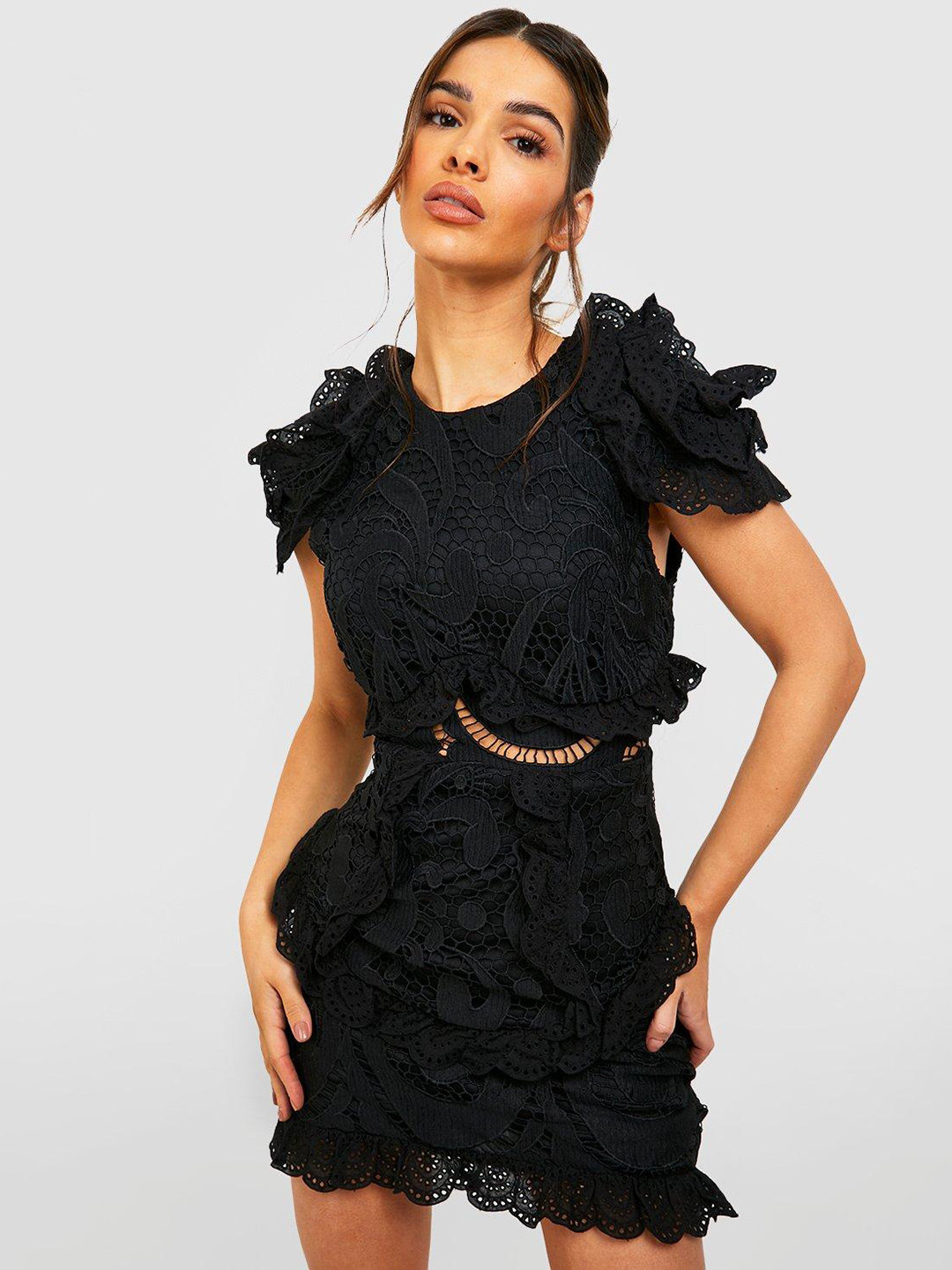 Boohoo Lace Frills Bodycon Mini Dress