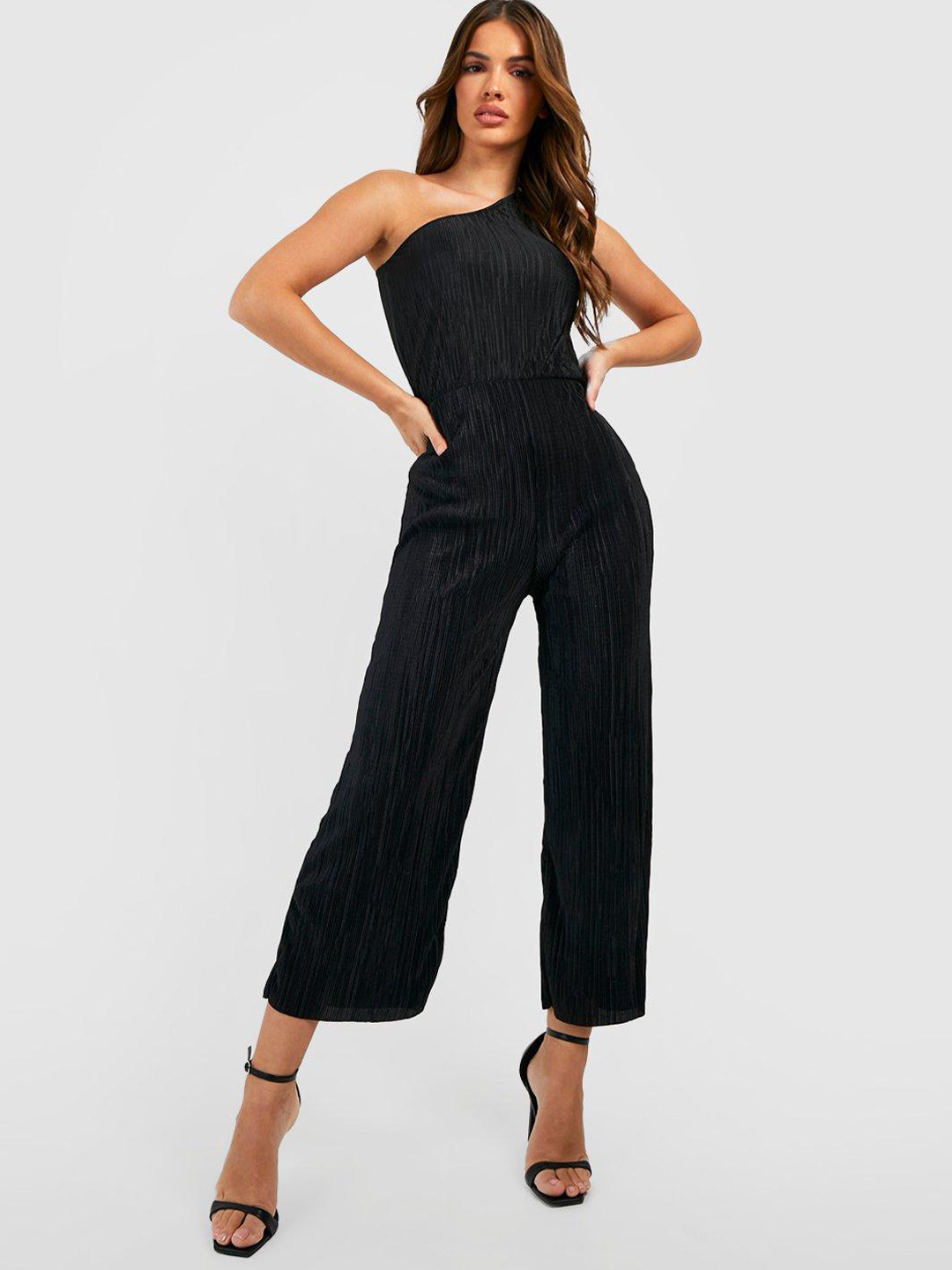 Boohoo Plisse One Shoulder Jumpsuit