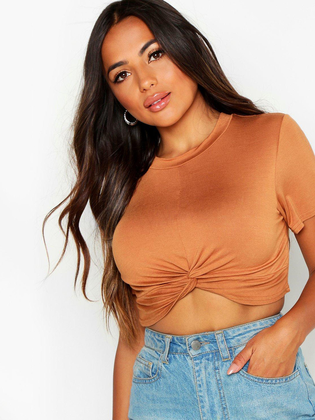 Boohoo Petite Twisted Knot Front Cropped T-Shirt