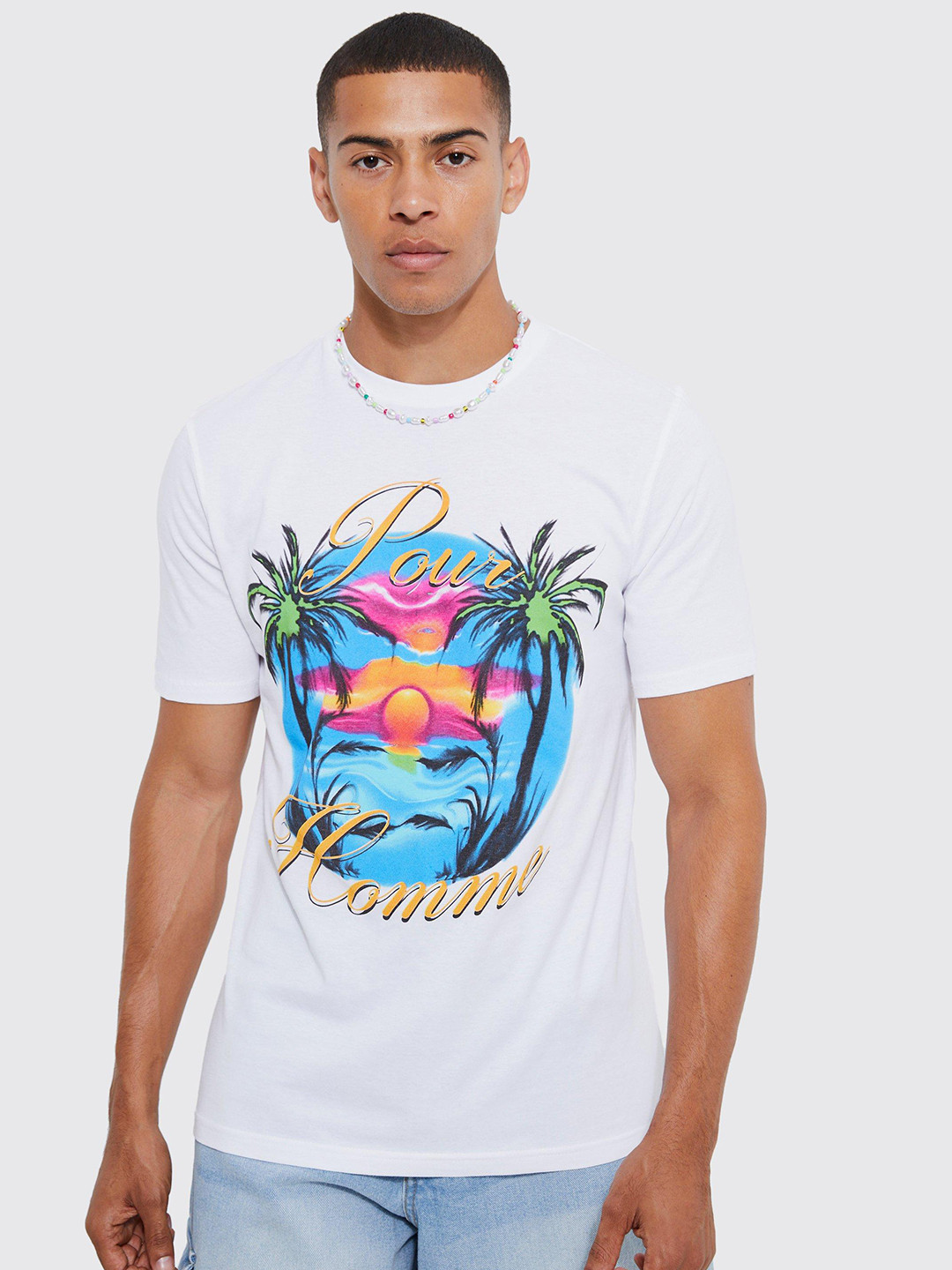 boohooMAN Pour Homme Paradise Palm Printed Pure Cotton T-shirt
