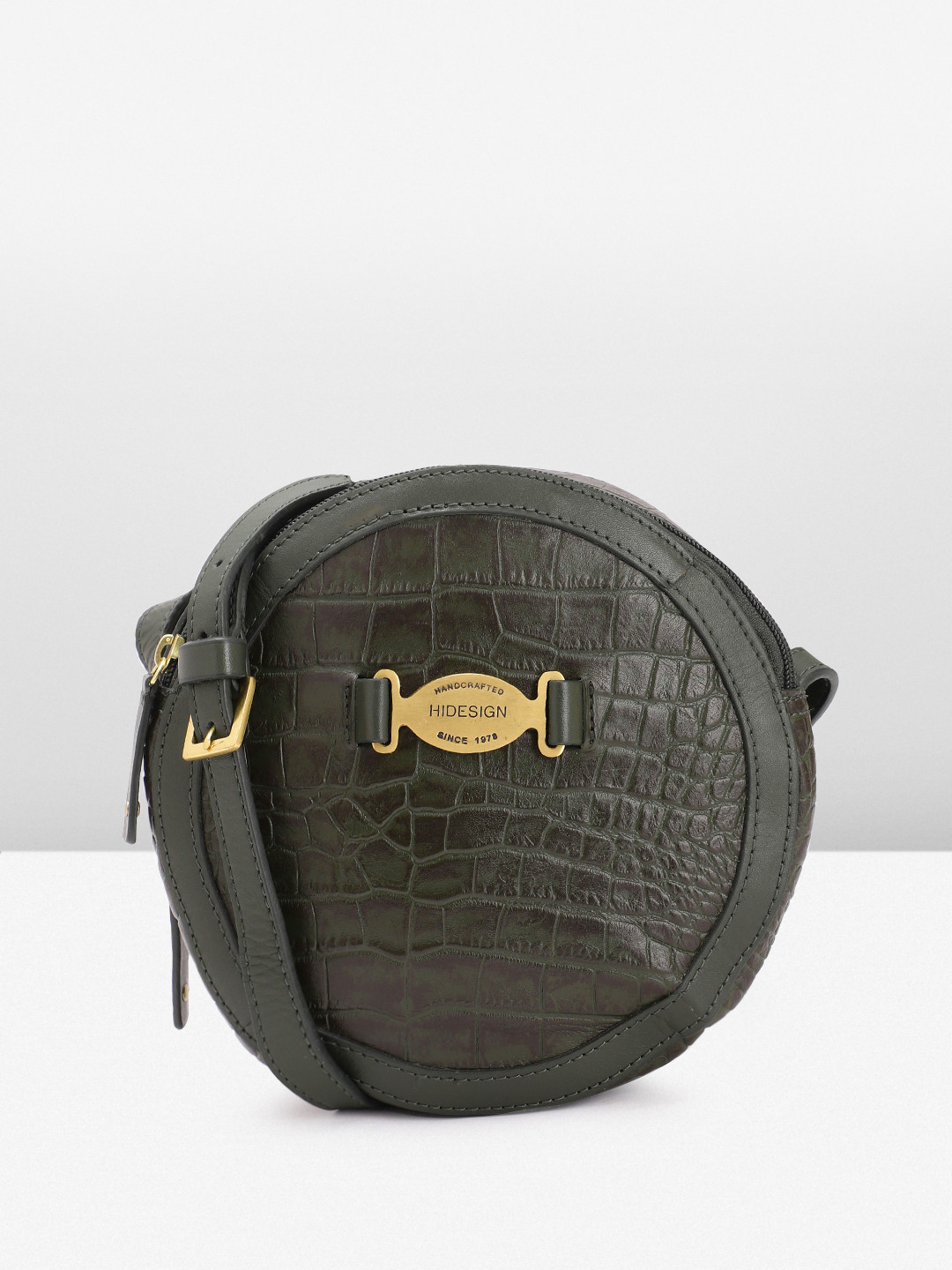 Hidesign Crocodile Textured Leather Bowling Sling Bag With Brand Logo Buckle Detail