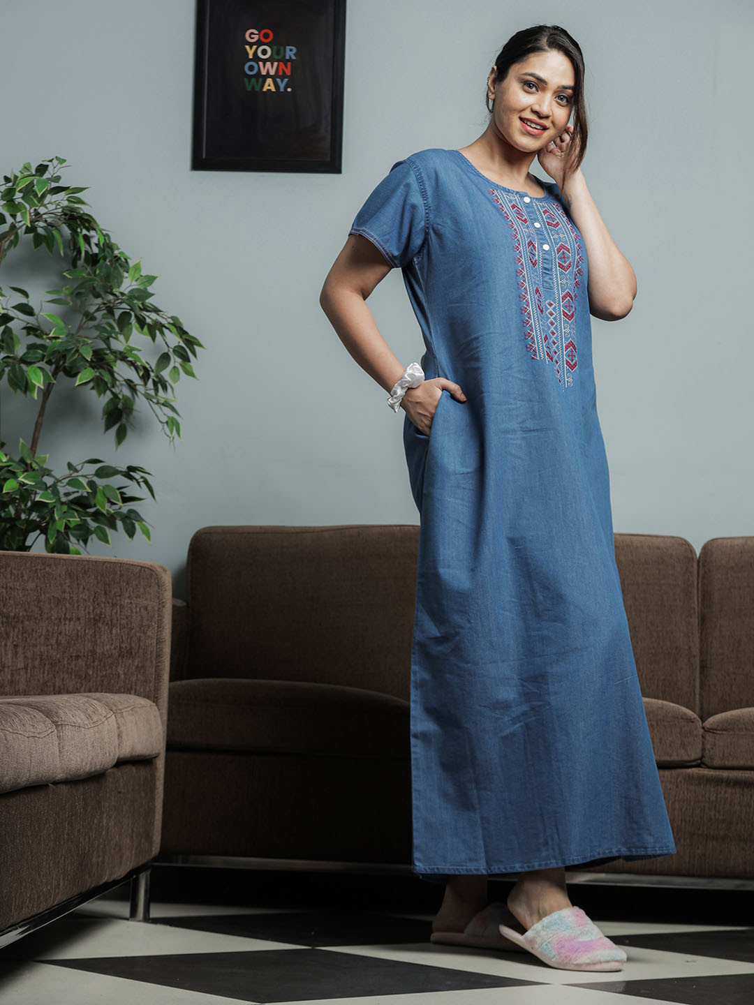 9shines LabelEmbroidered Denim Cotton Maxi Nightdress