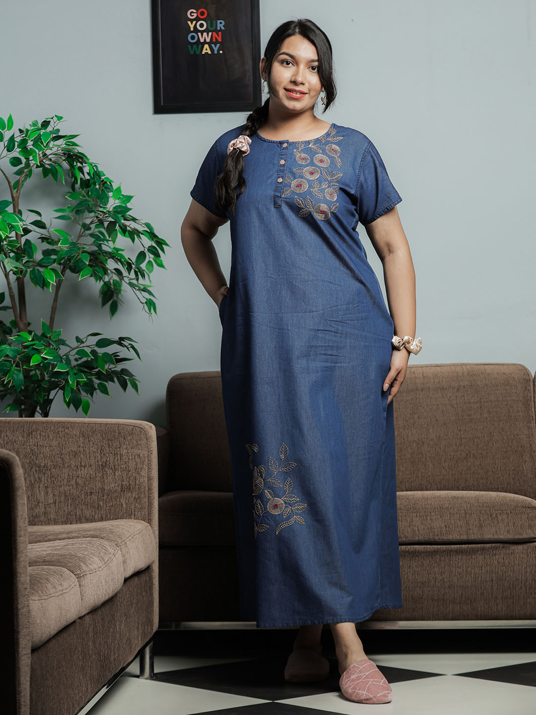 9shines LabelFloral Embroidered Denim Cotton Maxi Nightdress