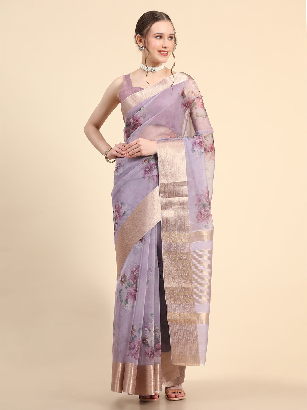 HERE&NOW Lavender & Pink Floral Printed Organza Silk Saree