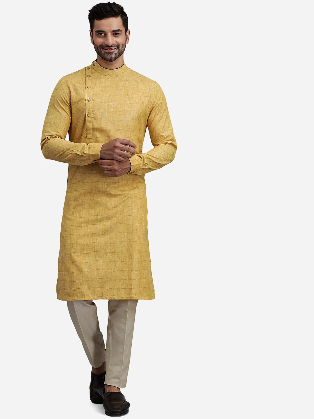 THE KURTA COMPANY Woven Design Band Collar Long Sleeve Angrakha Cotton Kurta