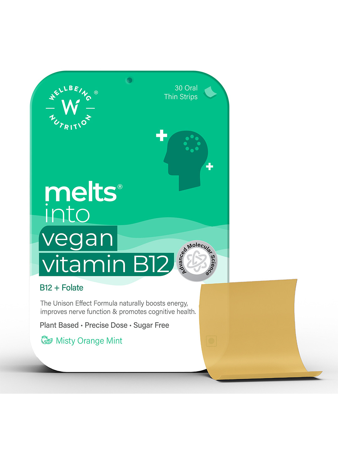 Wellbeing Nutrition Vitamin B12 Folate  Memory Brain Heart Orange Mint Flavor30 Strips