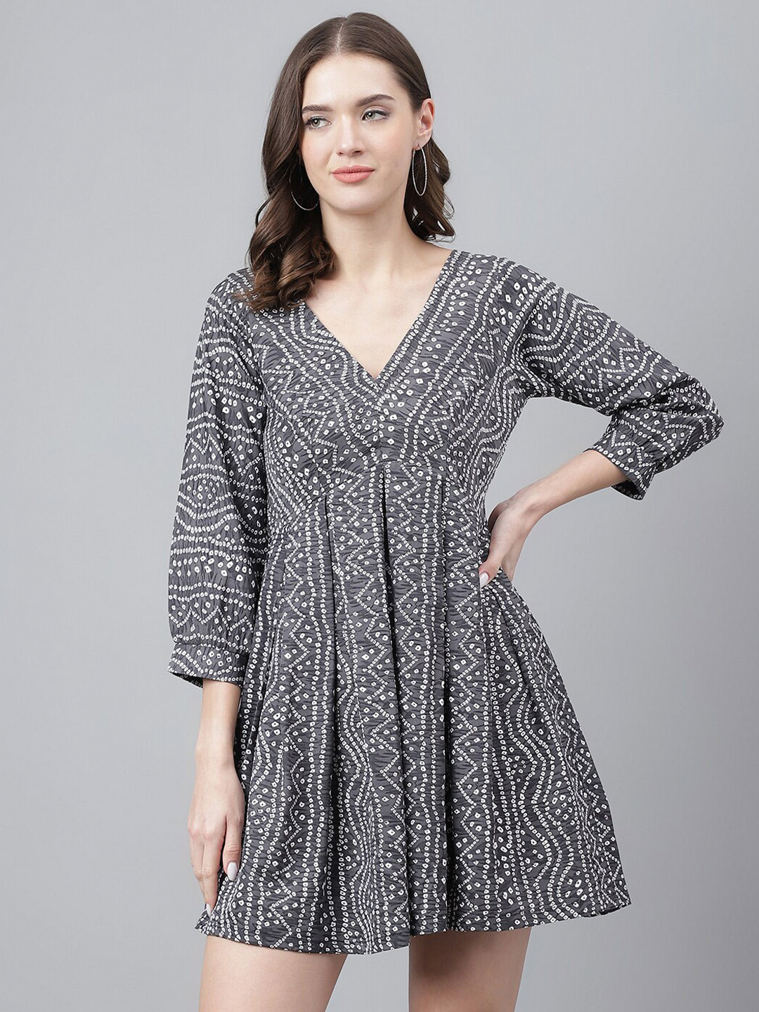 TRYMISFIT Ethnic Motifs Printed Cuff Sleeve Fit & Flare Mini Dress