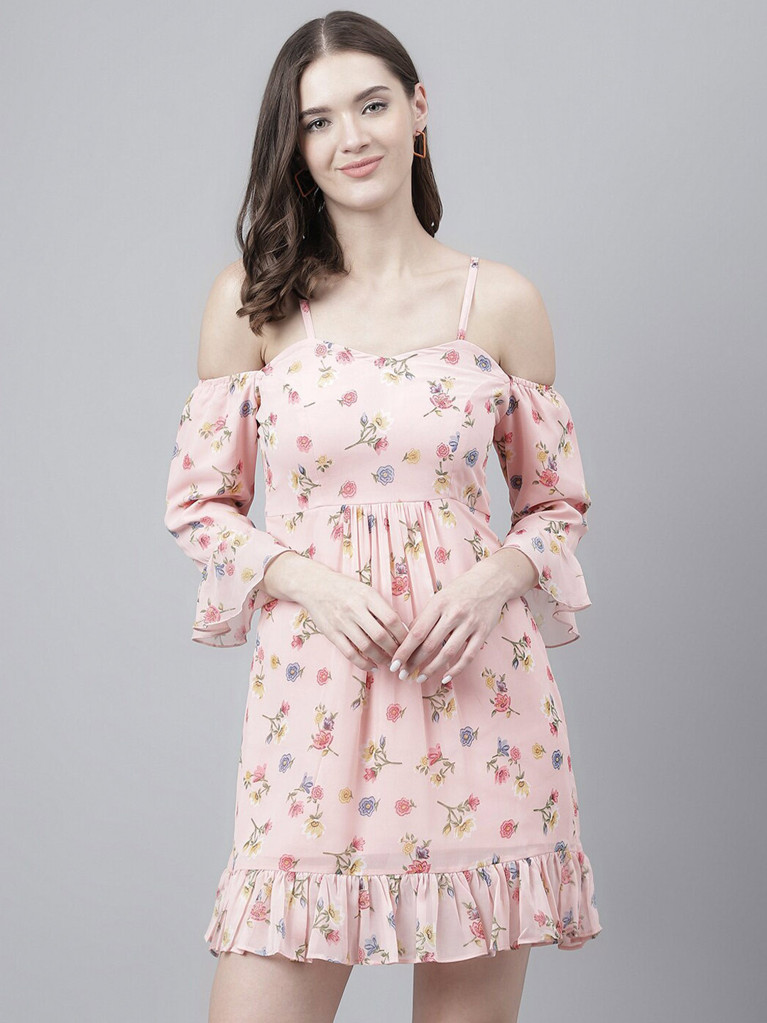 TRYMISFIT Floral Printed Shoulder Straps Pleated Georgette Mini Fit & Flare Dress