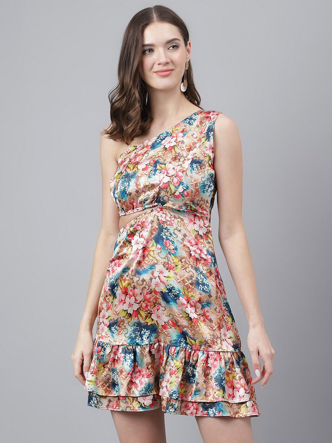TRYMISFIT Floral Printed One Shoulder Cut-Out Cotton A-line Dress
