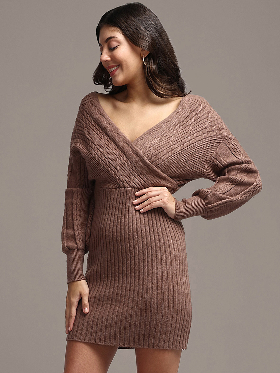 iki chic V-Wrapped Neckline Cotton Wool Mini Sweater Dress