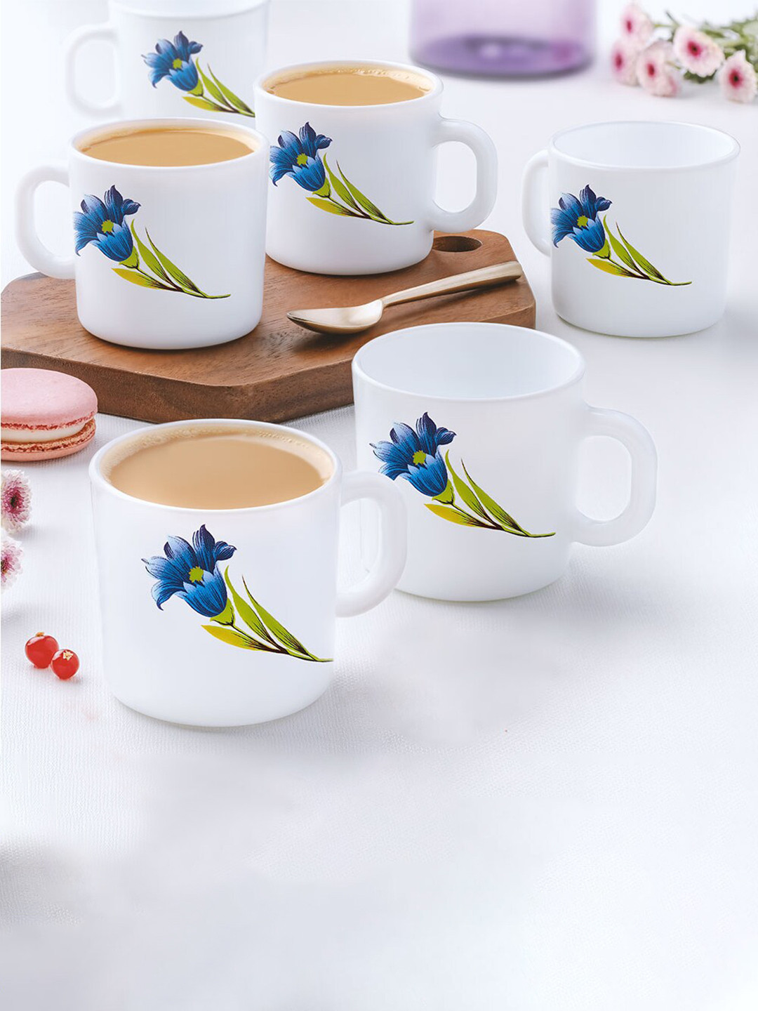 Larah by BOROSIL Blue & White 6 Pieces Floral Printed Opalware Matte Mugs 180ml