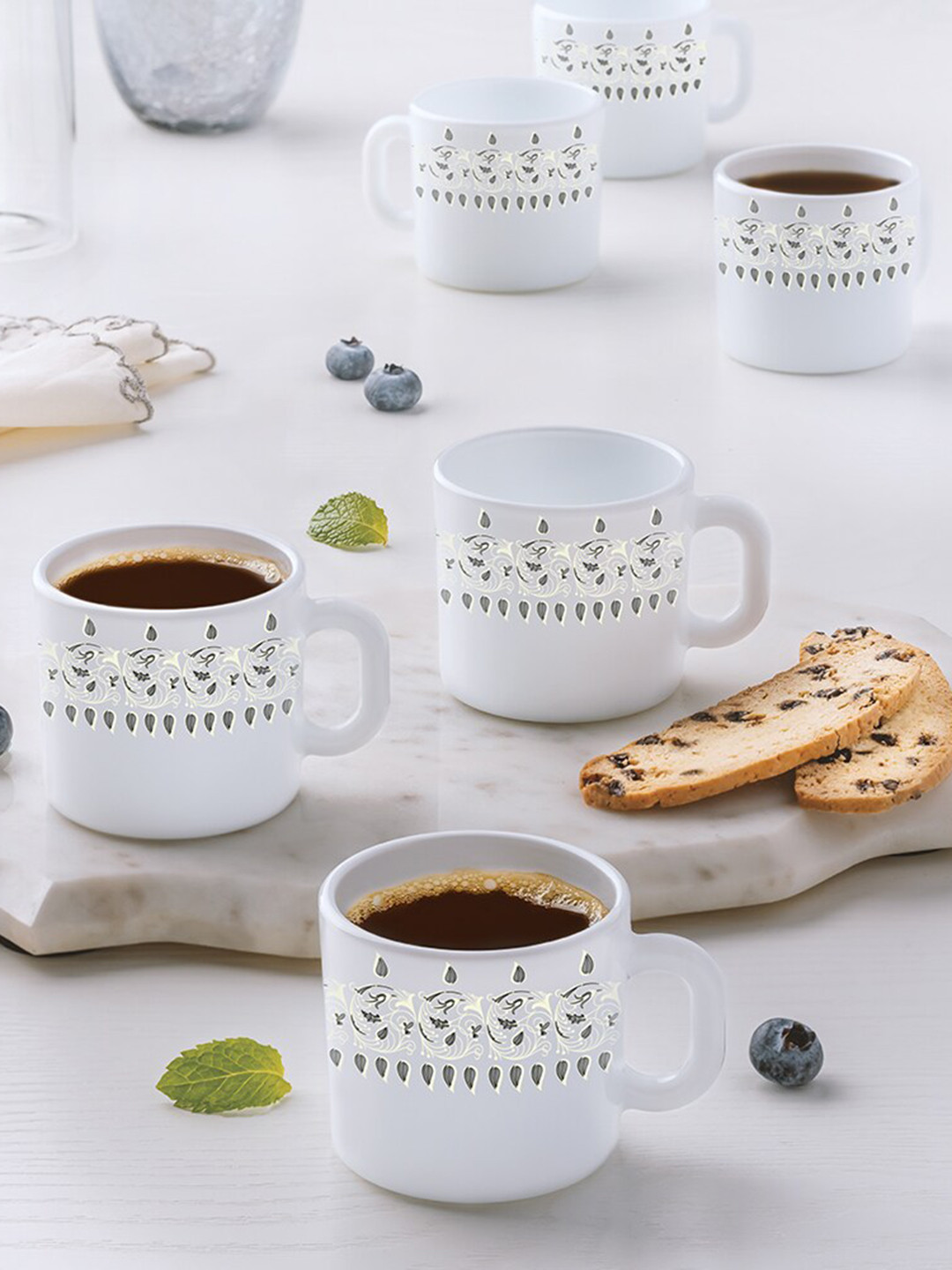 Larah by BOROSIL Shray Name Personalised Grey Ethnic Motifs Opalware Microwave Safe 6 Piece Mugs-100ml