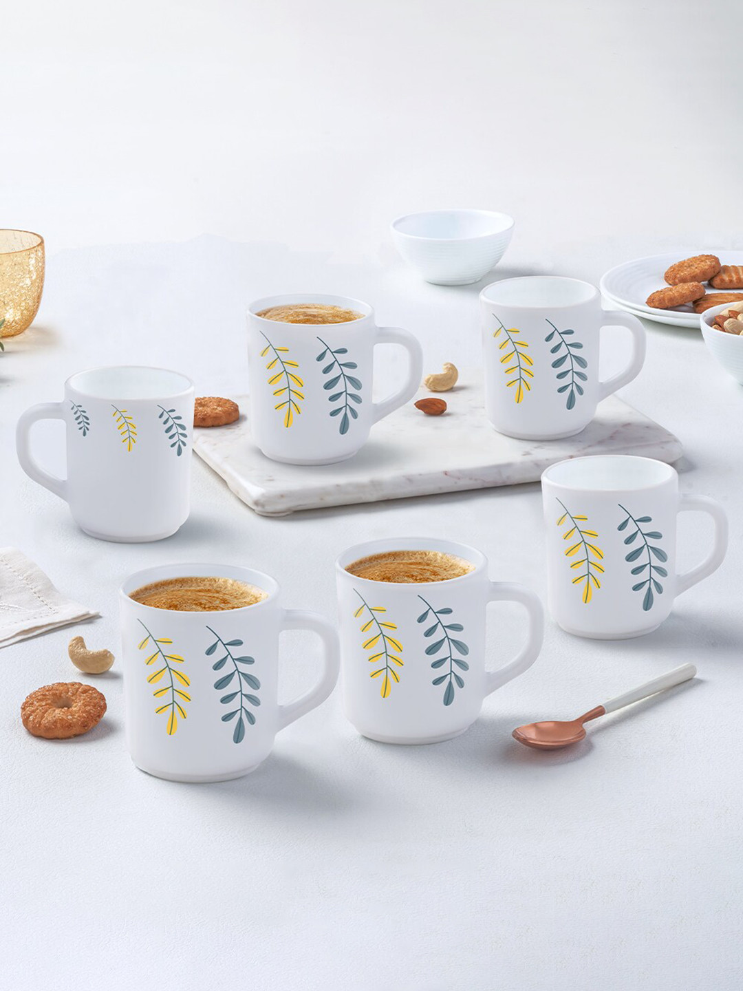 Larah by BOROSIL Fresco Yellow Leaf Opalware Microwave Safe 6 Piece Mugs-240ml