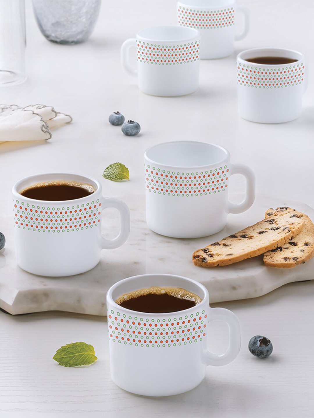 Larah by BOROSIL The Cute Cow White Geometric Opalware Microwave Safe 6 Piece Mugs-100ml