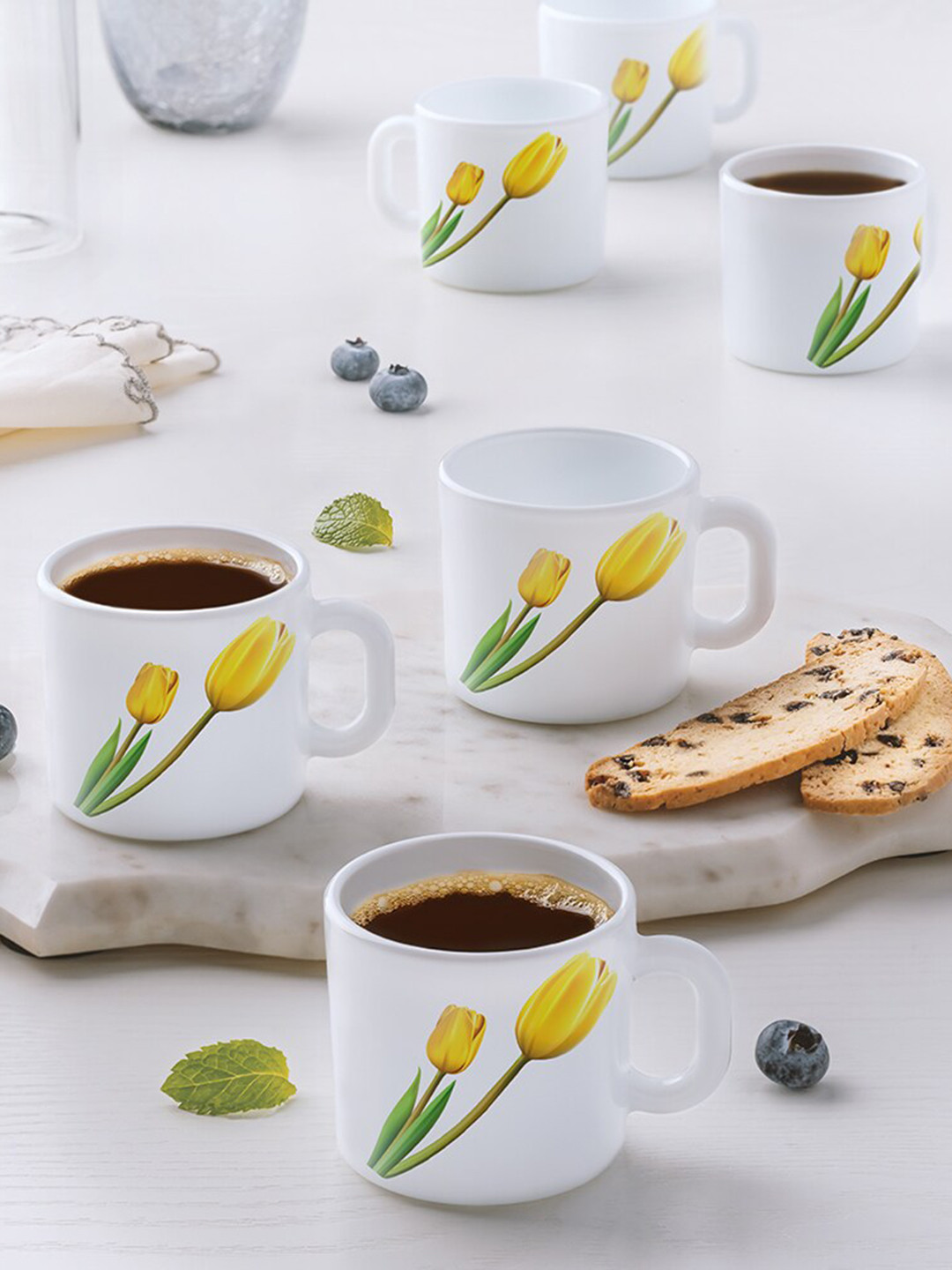 Larah by BOROSIL Yellow & White 6-Pieces Floral Printed Opalware Matte Mugs 100 ml