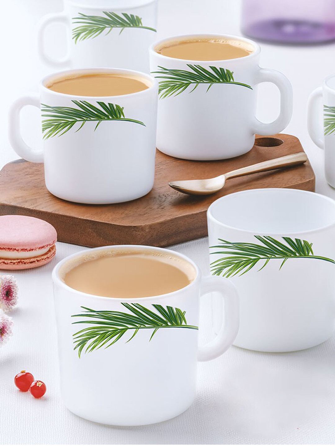 Larah by BOROSIL Green & White 6 Pieces Floral Printed Opalware Matte Mugs 180 ML Each