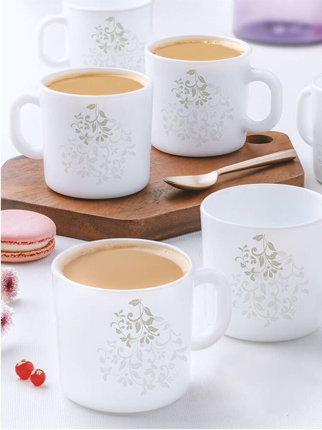 Larah by BOROSIL Beige & White 6 Pieces Floral Printed Opalware Matte Mugs 180ml