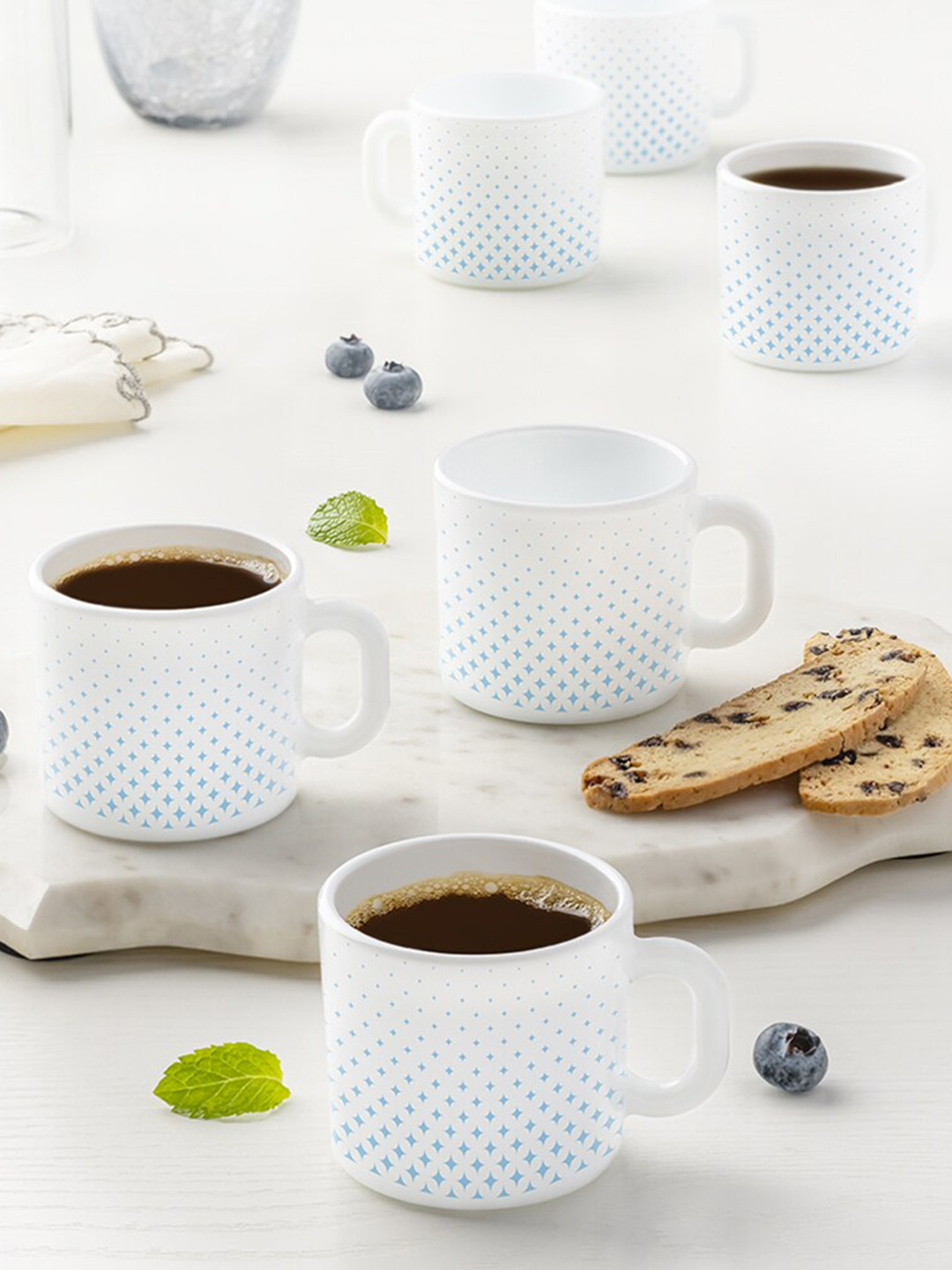 Larah by BOROSIL Real Gold Blue Conversational Opalware Handmade 6 Piece Mugs-100ml