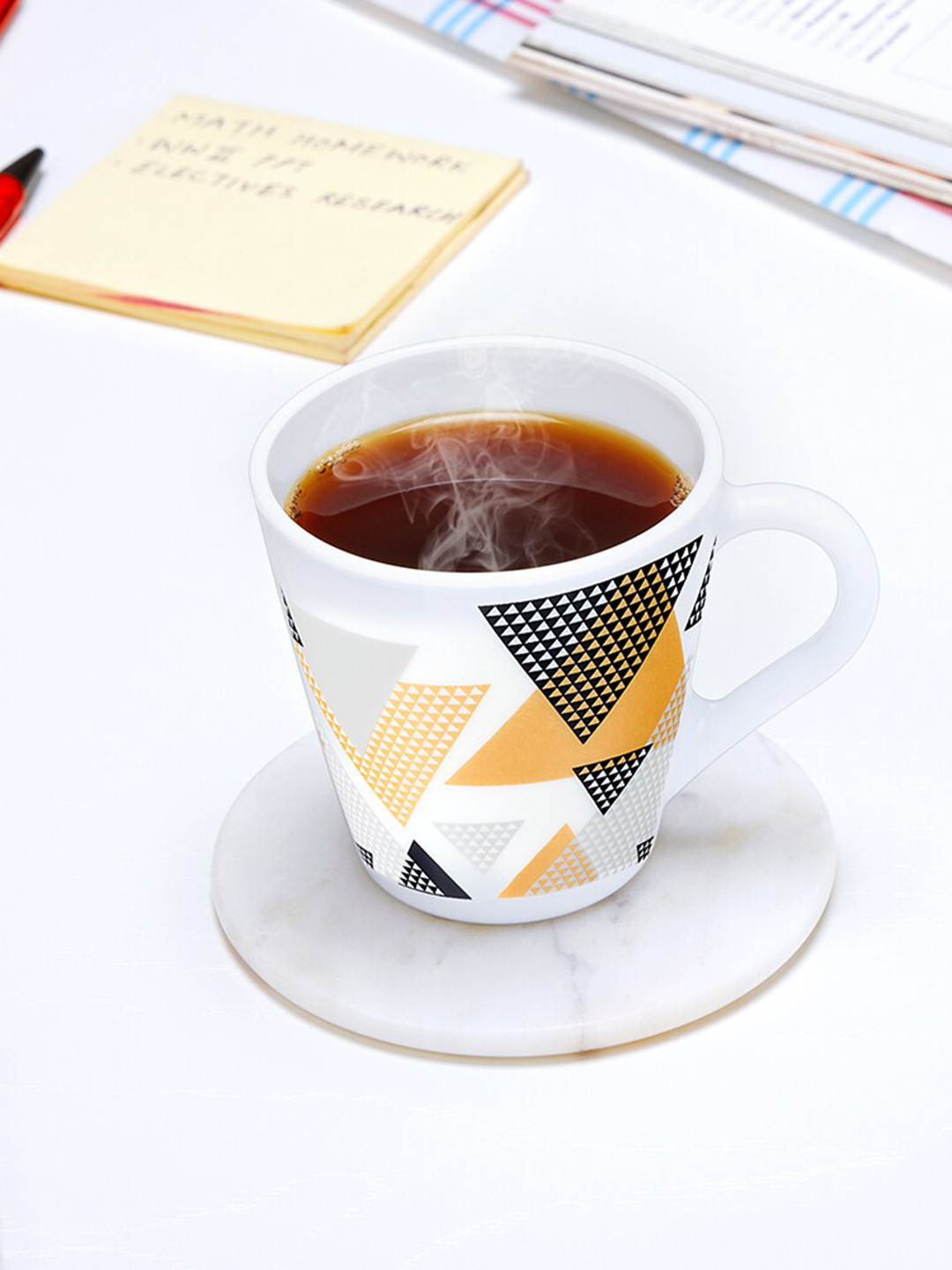 Larah by BOROSIL Yellow & White 6 Pieces Geometric Printed Opalware Matte Mugs 160ml