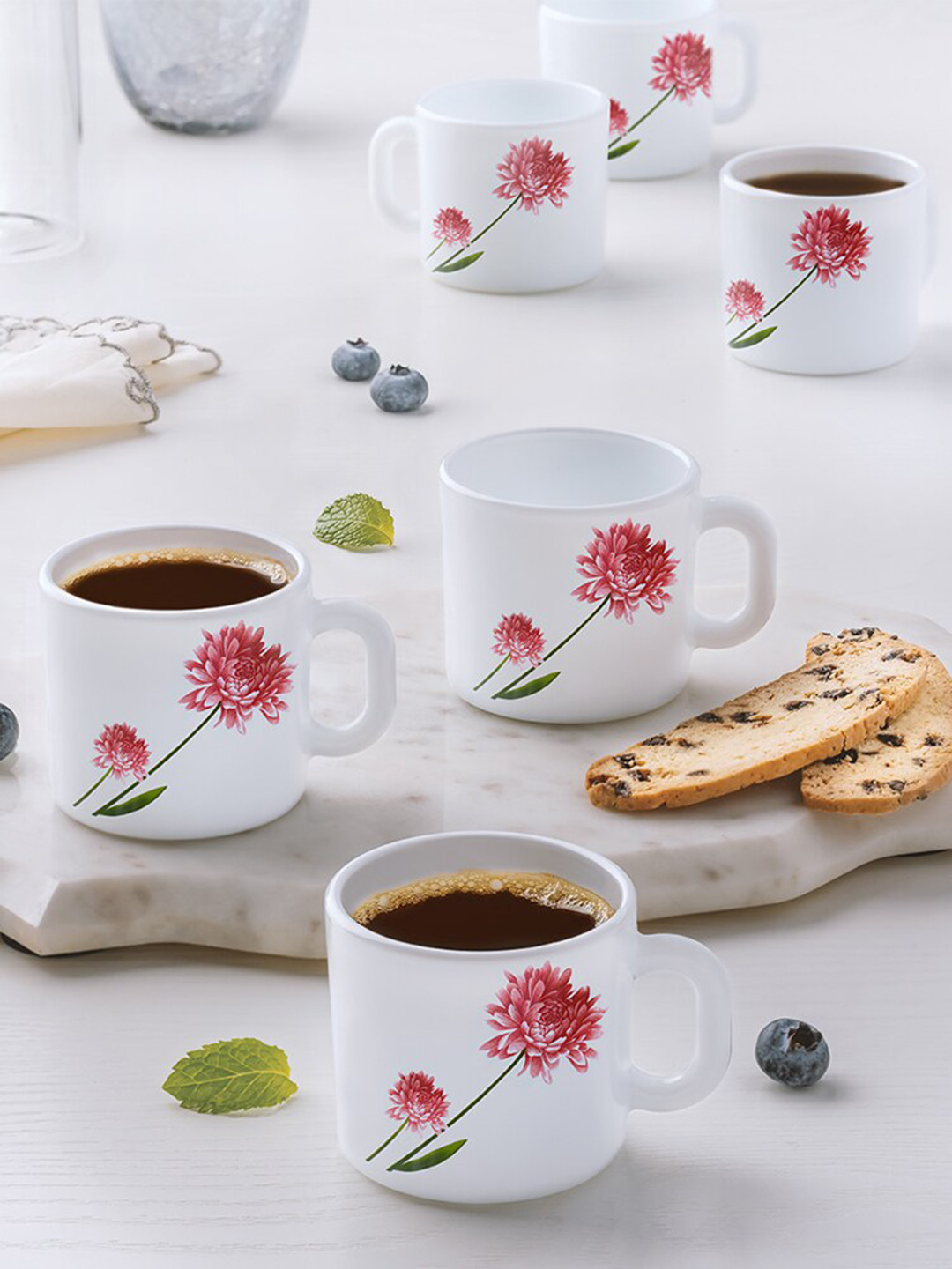 Larah by BOROSIL Pink & White 6 Pieces Floral Printed Opalware Matte Coffee Mugs 100 ml