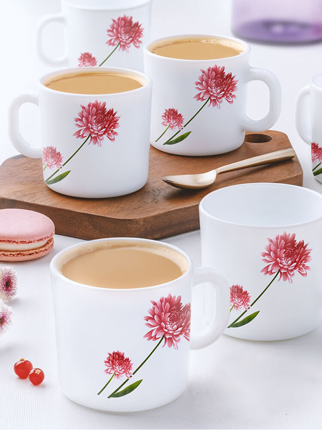 Larah by BOROSIL Classic Pink Floral Opalware Microwave Safe 6 Piece Mugs-180ml