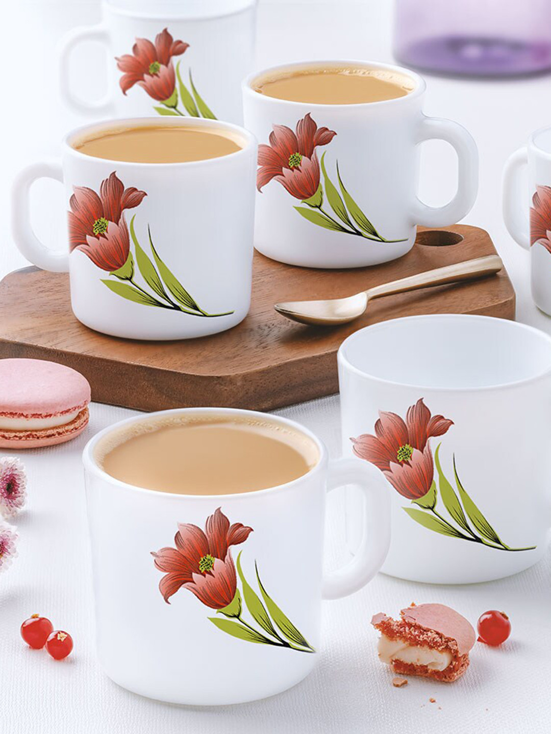 Larah by BOROSIL Buti Decal Red Floral Opalware Handmade 6 Piece Mugs-180ml