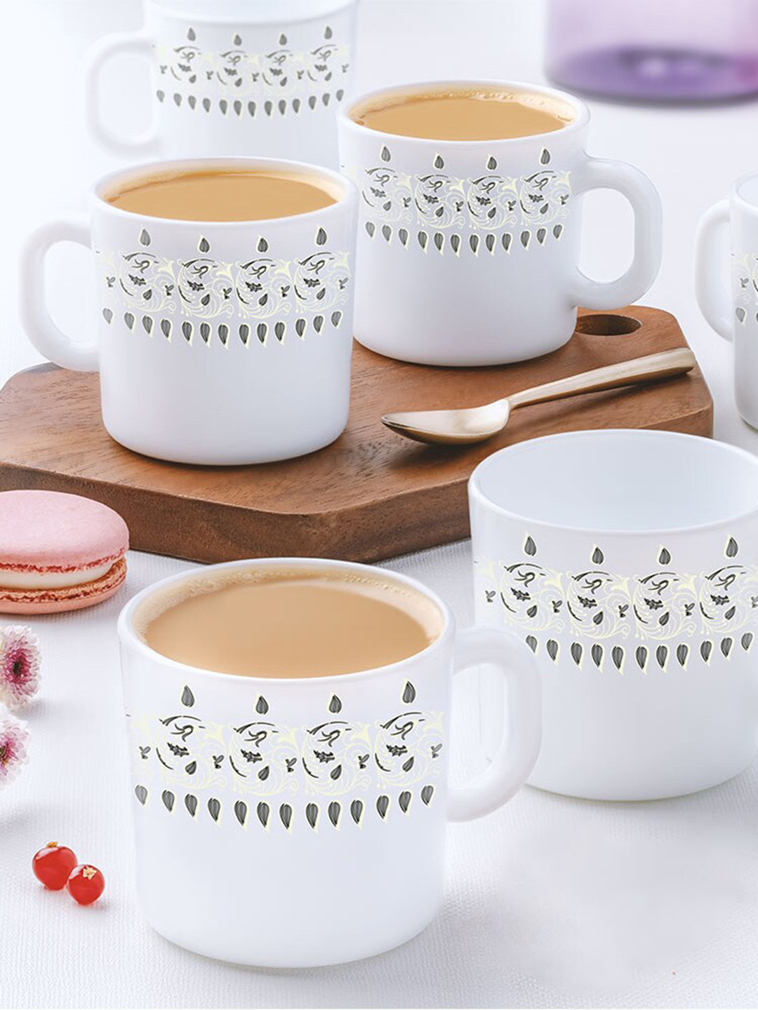 Larah by BOROSIL Real Gold Grey Leaf Opalware Handmade 6 Piece Mugs-180ml