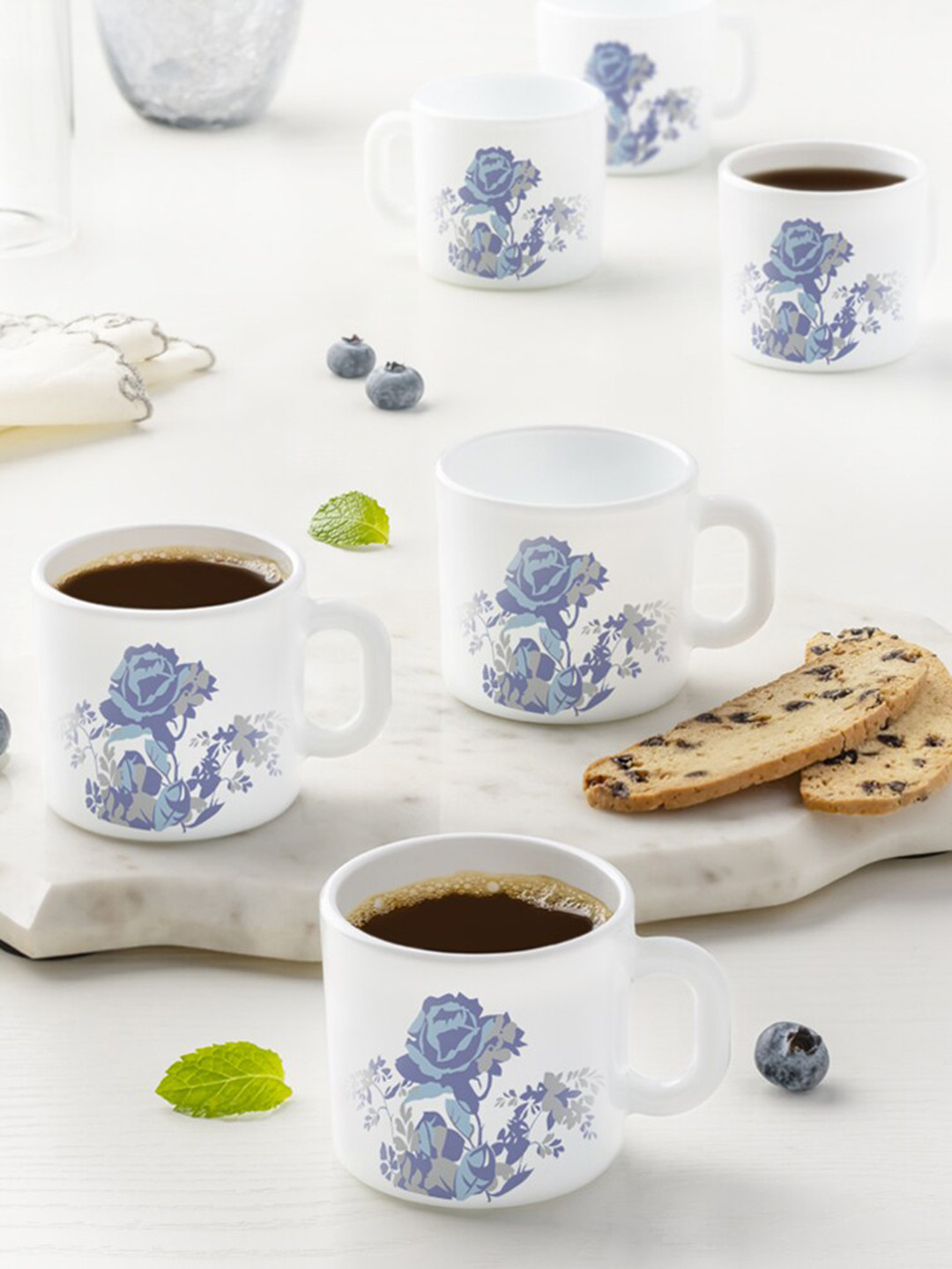 Larah by BOROSIL Mandarin Mystic Garden Blue Floral Opalware Handmade 6 Piece Mugs-100ml