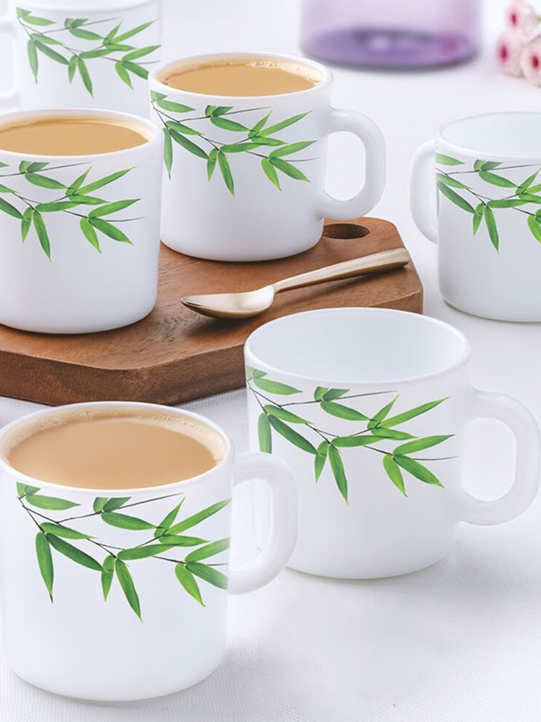 Larah by BOROSIL Globe Shaped Green Leaf Opalware Microwave Safe 6 Piece Mugs-180ml