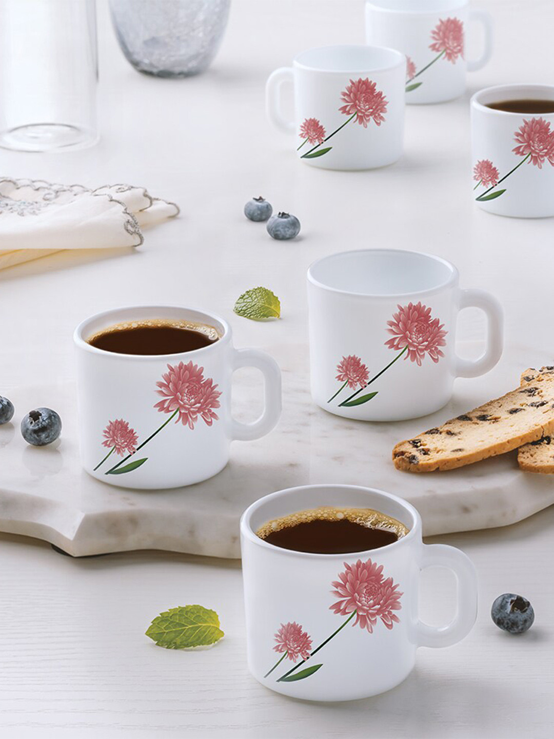 Larah by BOROSIL Viaan Name Personalised Pink Floral Opalware Microwave Safe 6 Piece Mugs-100ml