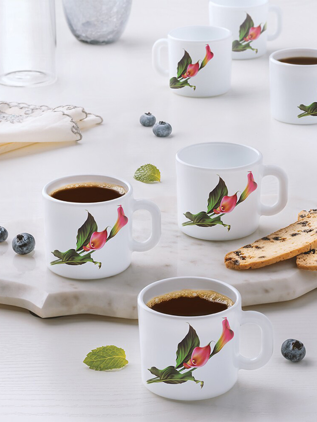 Larah by BOROSIL White & Green  6 Pcs Floral Printed Opalware Matte Mugs - 100 ML Each