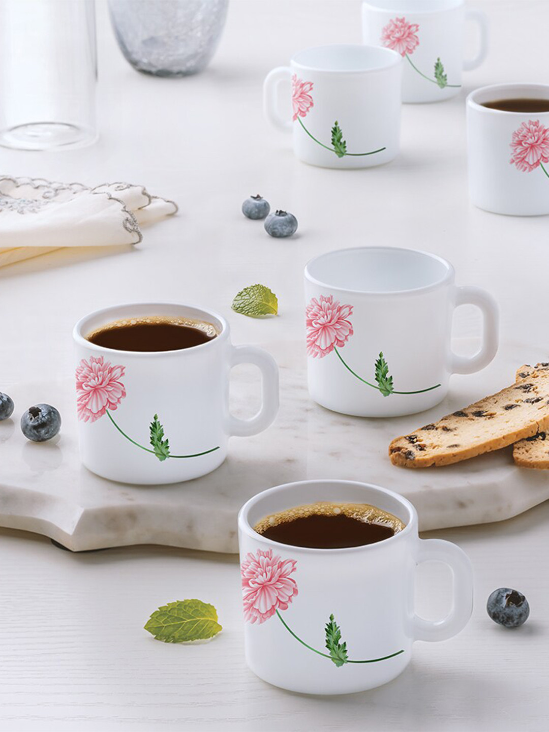 Larah by BOROSIL Pink & White 6 Pieces Floral Printed Opalware Matte Coffee Mugs 100 ml