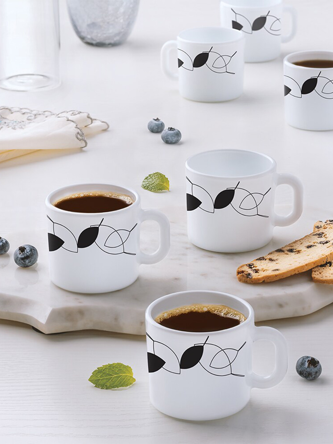 Larah by BOROSIL 6 Pcs White & Black Floral Printed Opalware Coffee Mugs - 100 ML Each