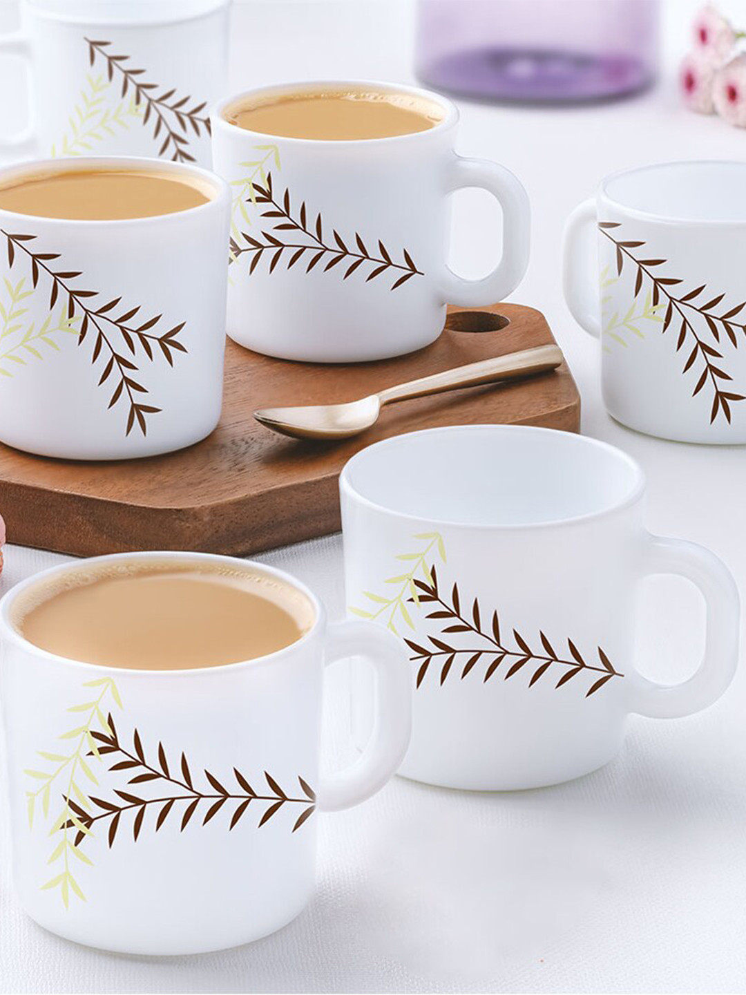 Larah by BOROSIL Peacock Admiration White Leaf Opalware Handmade 6 Piece Mugs-180ml