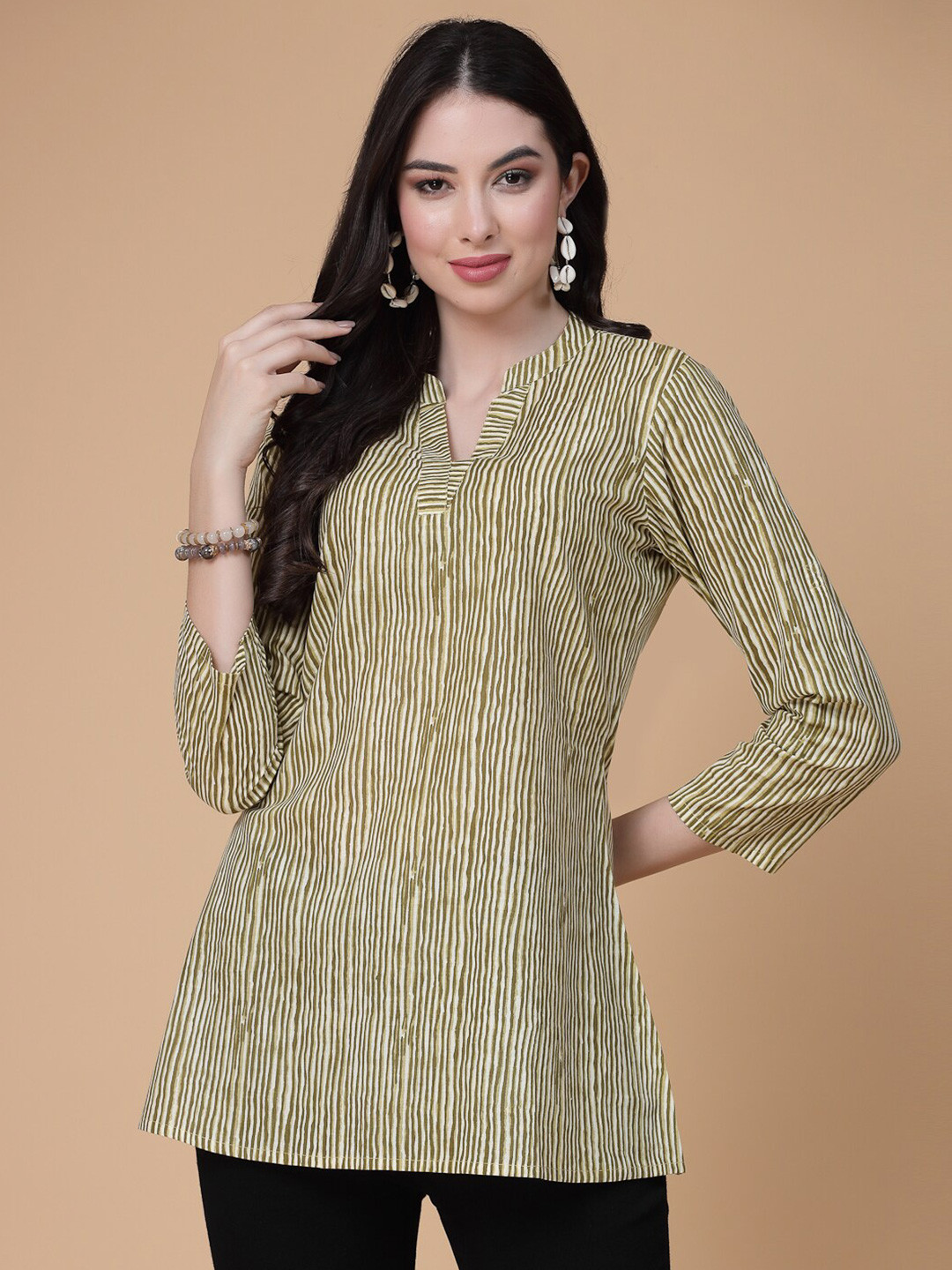 God Bless Striped Mandarin Collar Pure Cotton Top