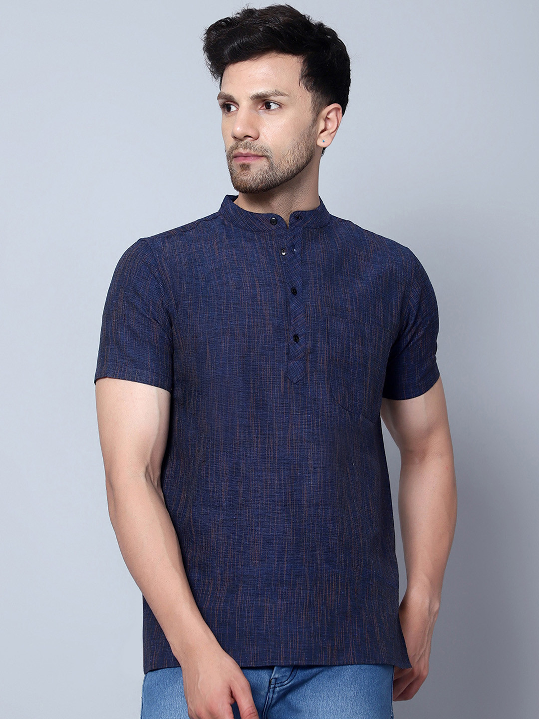 Latest Chikan Garments Band Collar Half Sleeves Indigo Kurta