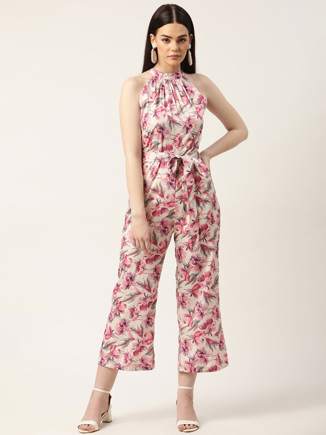 Sleek Italia Halter Neck Floral Printed Waist Tie-Ups Basic Jumpsuit