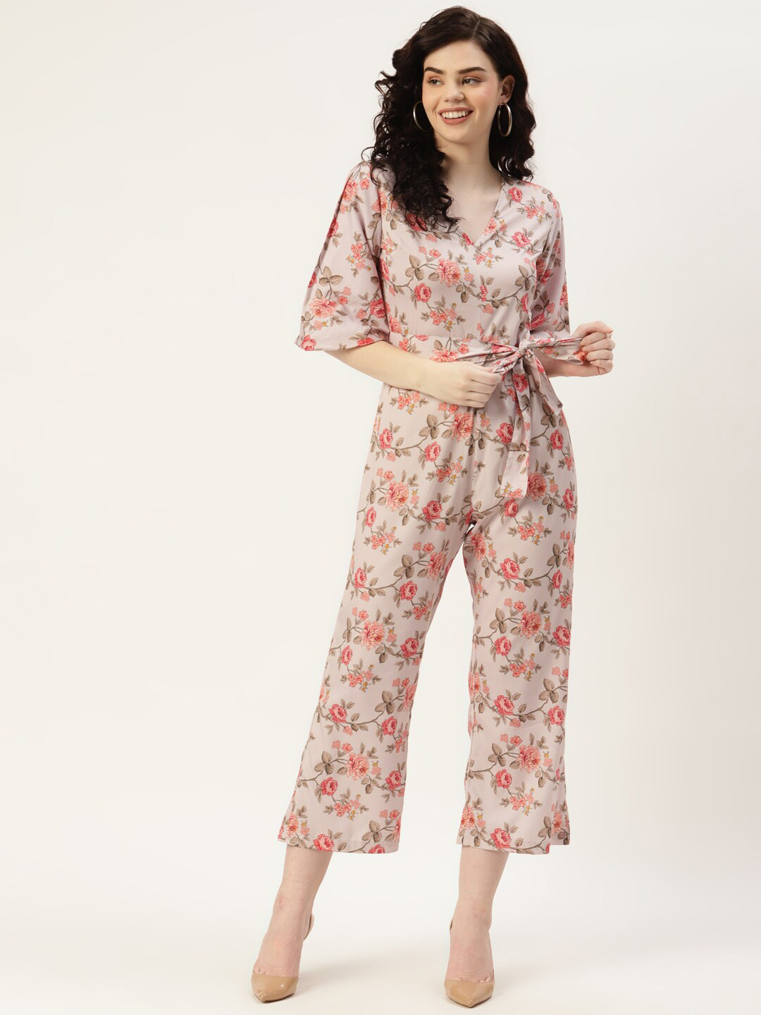 Sleek Italia V Neck Flared Sleeve Floral Printed Waist Tie-Ups Basic Jumpsuit