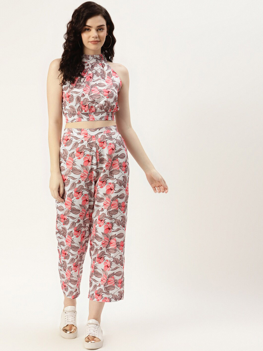 Sleek Italia Floral Printed Halter Neck Crop Top & Trouser
