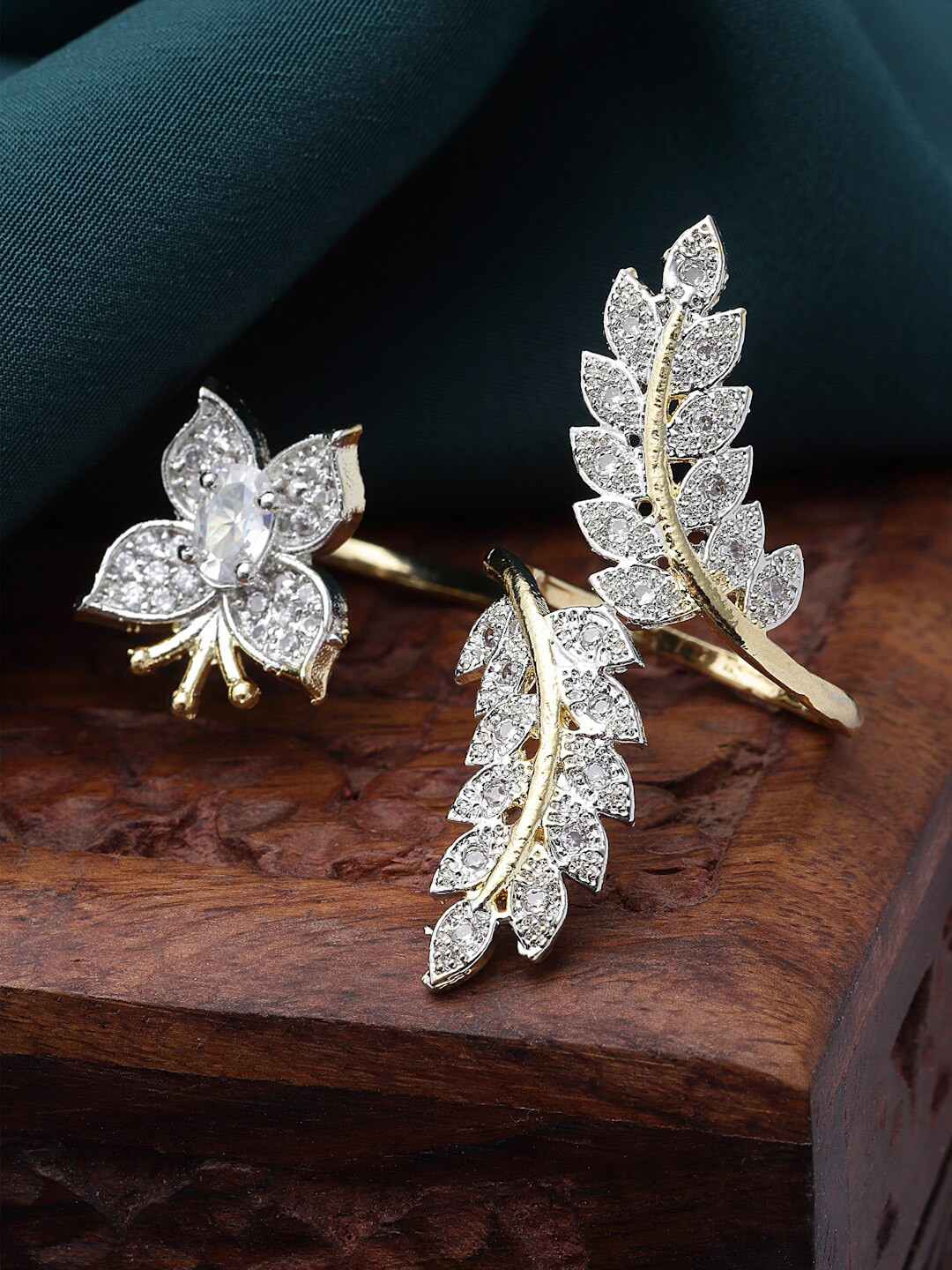 ZENEME Gold-Plated White American Diamond Studded Butterfly Adjustable Double Finger Ring