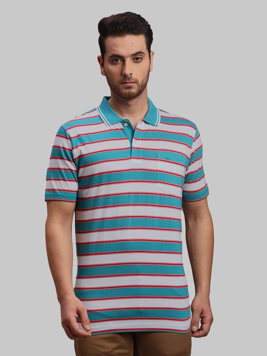 ColorPlus Classic Fit Striped Polo Collar Pockets Cotton T-shirt