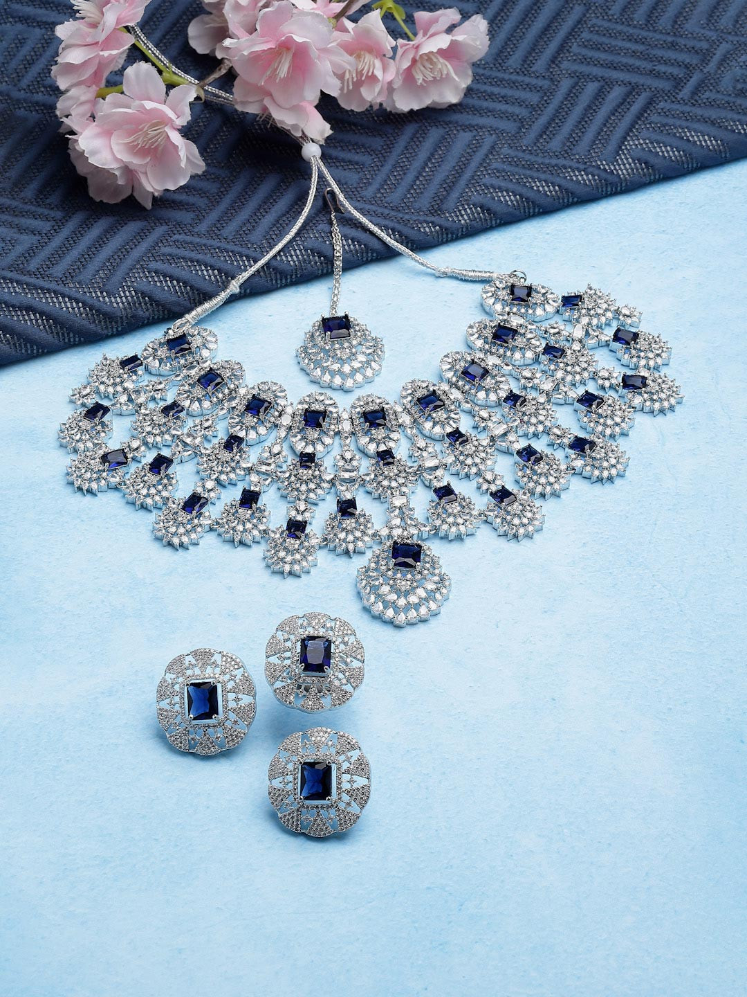 ZENEME Rhodium Plated Silver Toned Blue American Diamond Studded Jewellery Set