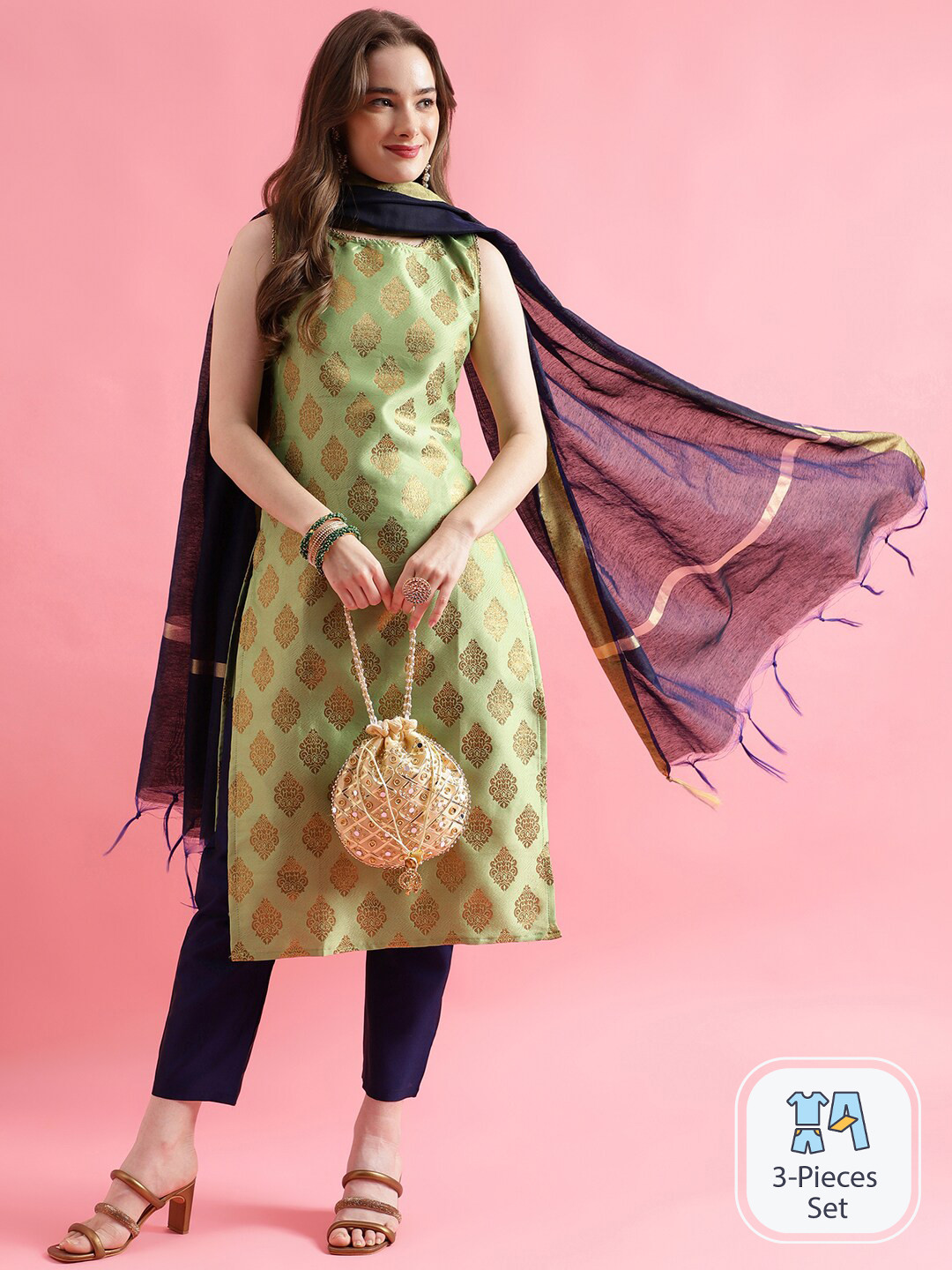 PPTOSS Ethnic Motifs Printed Straight Kurta & Trousers With Dupatta
