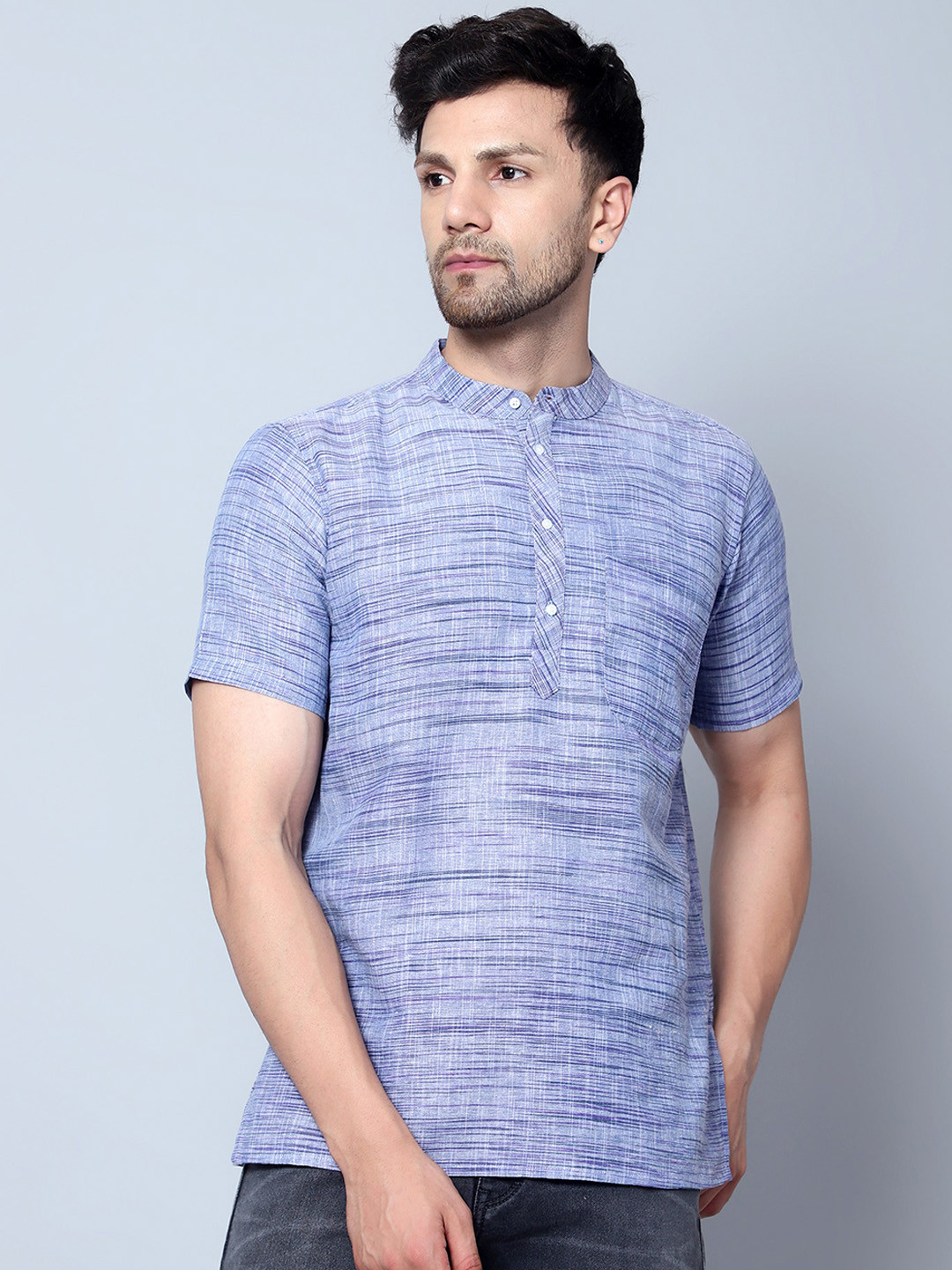 Latest Chikan Garments Striped Mandarin Collar Short Sleeve Straight Kurta