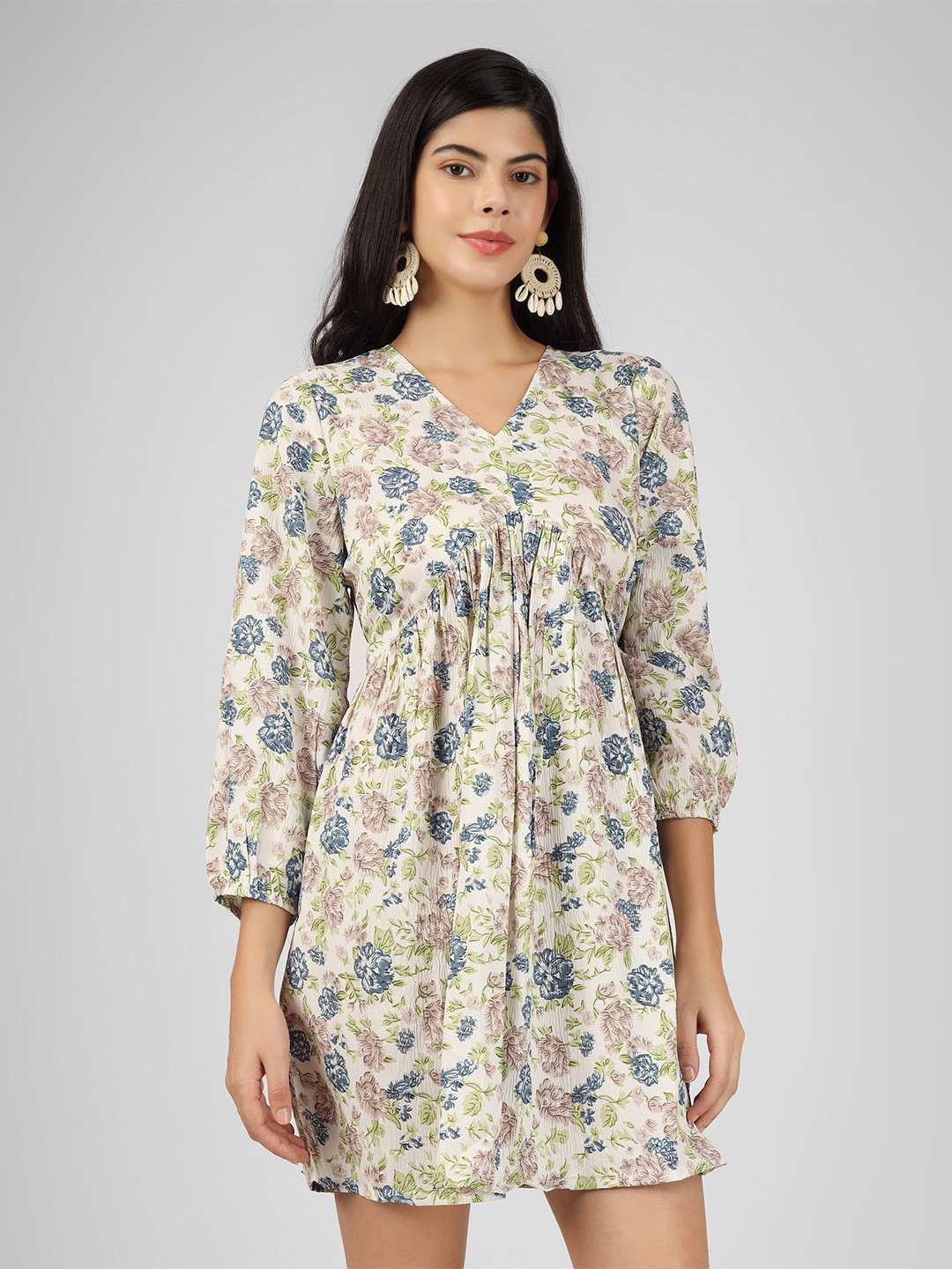 CELEBRAVO Floral Printed Puff Sleeves Empire Mini Dress